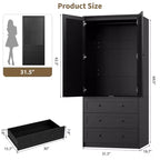 Armario ropero de 70", negro / blanco / madera, 2 puertas, 3 cajones y barra para colgar