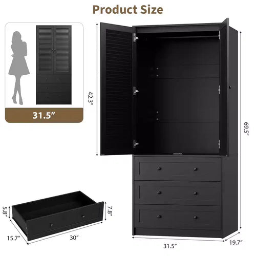 Armadio Guardaroba 70", Nero / Bianco / Legno, 2 Ante, 3 Cassetti, Asta Appendini