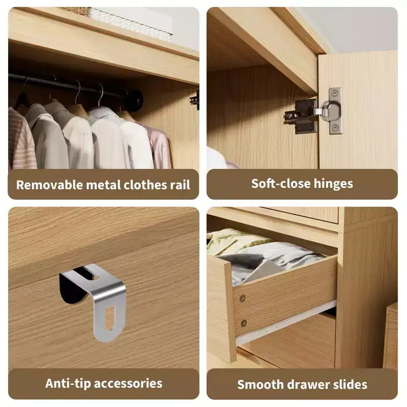 Armadio Guardaroba 70", Nero / Bianco / Legno, 2 Ante, 3 Cassetti, Asta Appendini
