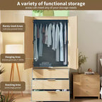 Armario ropero de 70", negro / blanco / madera, 2 puertas, 3 cajones y barra para colgar