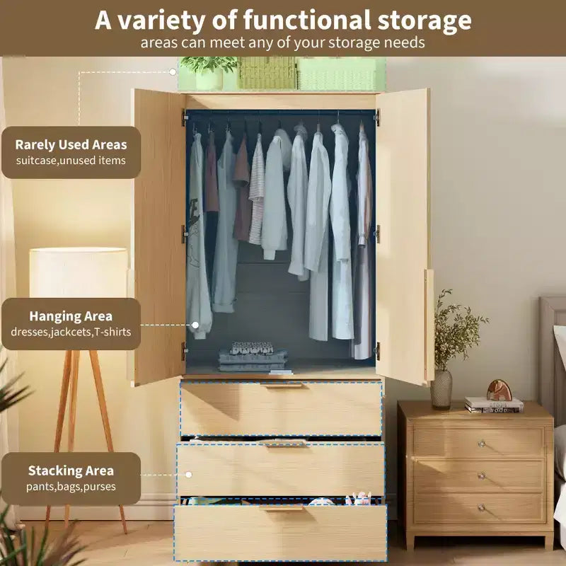 Armadio Guardaroba 70", Nero / Bianco / Legno, 2 Ante, 3 Cassetti, Asta Appendini