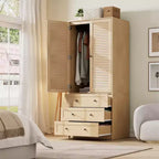 Armario ropero de 70", negro / blanco / madera, 2 puertas, 3 cajones y barra para colgar