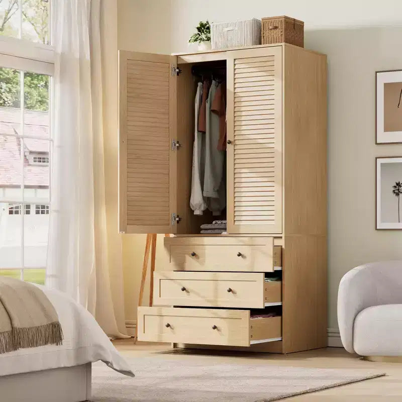 Armadio Guardaroba 70", Nero / Bianco / Legno, 2 Ante, 3 Cassetti, Asta Appendini