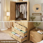 Armario ropero de 70", negro / blanco / madera, 2 puertas, 3 cajones y barra para colgar