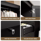 Armario ropero de 70", negro / blanco / madera, 2 puertas, 3 cajones y barra para colgar