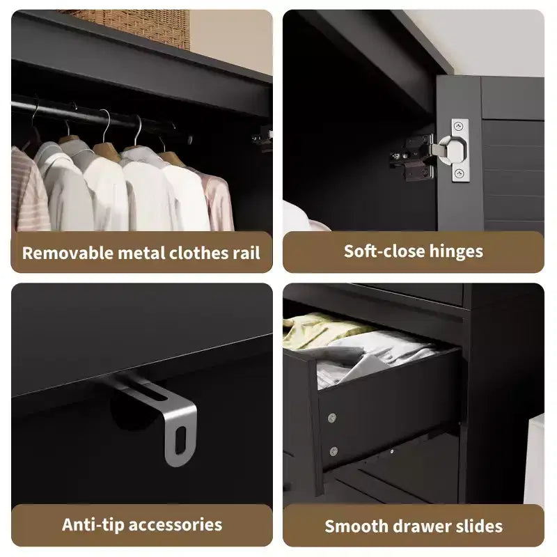 Armadio Guardaroba 70", Nero / Bianco / Legno, 2 Ante, 3 Cassetti, Asta Appendini