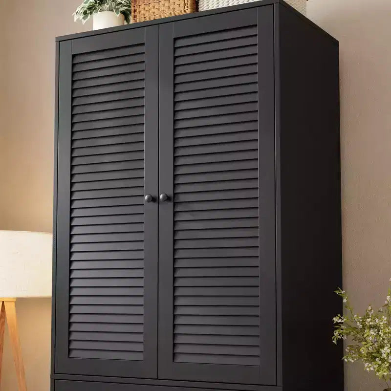 Armadio Guardaroba 70", Nero / Bianco / Legno, 2 Ante, 3 Cassetti, Asta Appendini