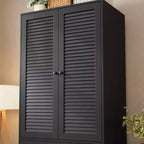 Armario ropero de 70", negro / blanco / madera, 2 puertas, 3 cajones y barra para colgar