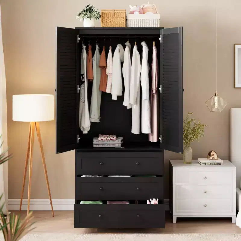 Armadio Guardaroba 70", Nero / Bianco / Legno, 2 Ante, 3 Cassetti, Asta Appendini