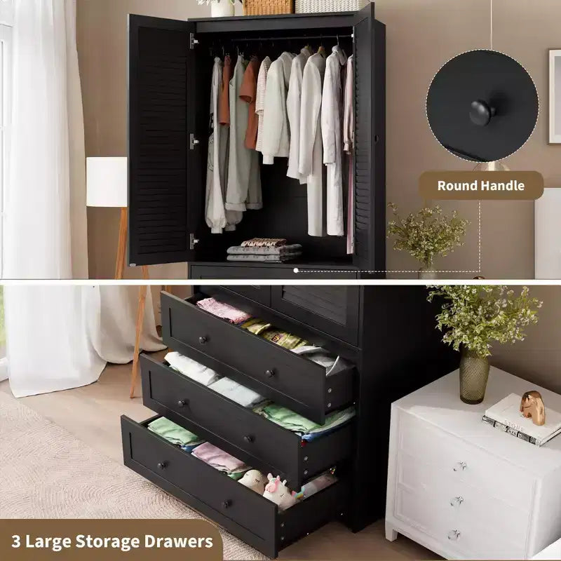 Armadio Guardaroba 70", Nero / Bianco / Legno, 2 Ante, 3 Cassetti, Asta Appendini