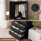 Armario ropero de 70", negro / blanco / madera, 2 puertas, 3 cajones y barra para colgar