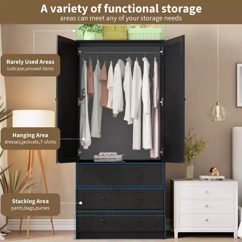 Armadio Guardaroba 70", Nero / Bianco / Legno, 2 Ante, 3 Cassetti, Asta Appendini