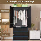 Armario ropero de 70", negro / blanco / madera, 2 puertas, 3 cajones y barra para colgar