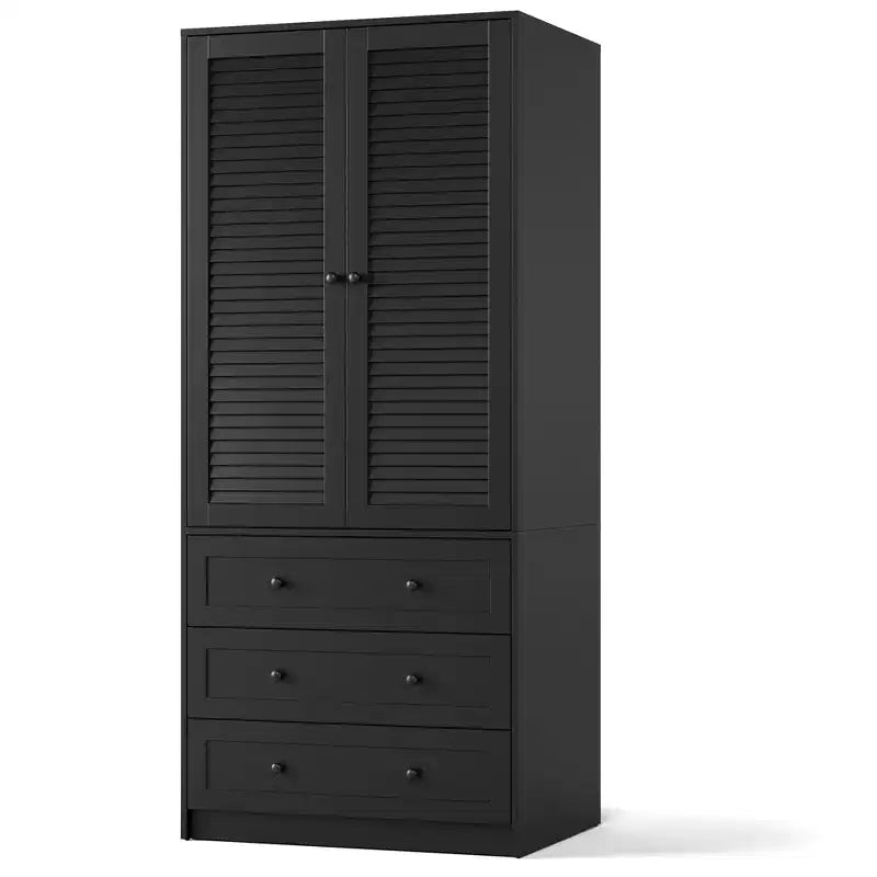 Armadio Guardaroba 70", Nero / Bianco / Legno, 2 Ante, 3 Cassetti, Asta Appendini