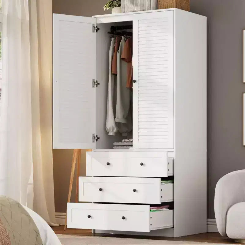 Armadio Guardaroba 70", Nero / Bianco / Legno, 2 Ante, 3 Cassetti, Asta Appendini