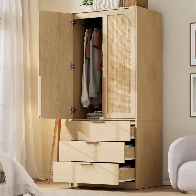 Armadio Guardaroba 70", Nero / Bianco / Legno, 2 Ante, 3 Cassetti, Asta Appendini