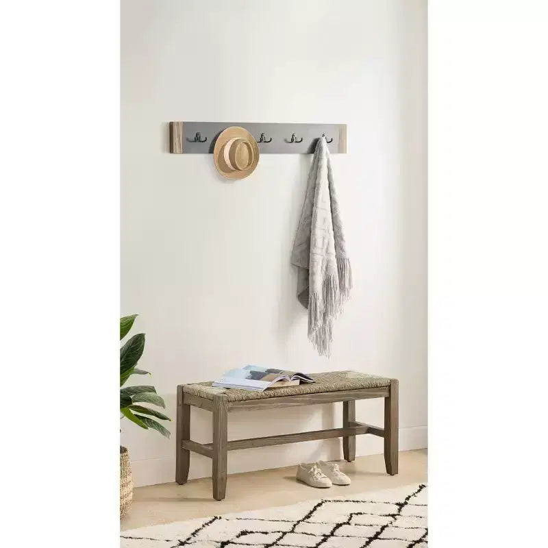 Set appendiabiti da ingresso e panca color ambra chiaro, stile industriale rustico, struttura in legno, 5 ganci